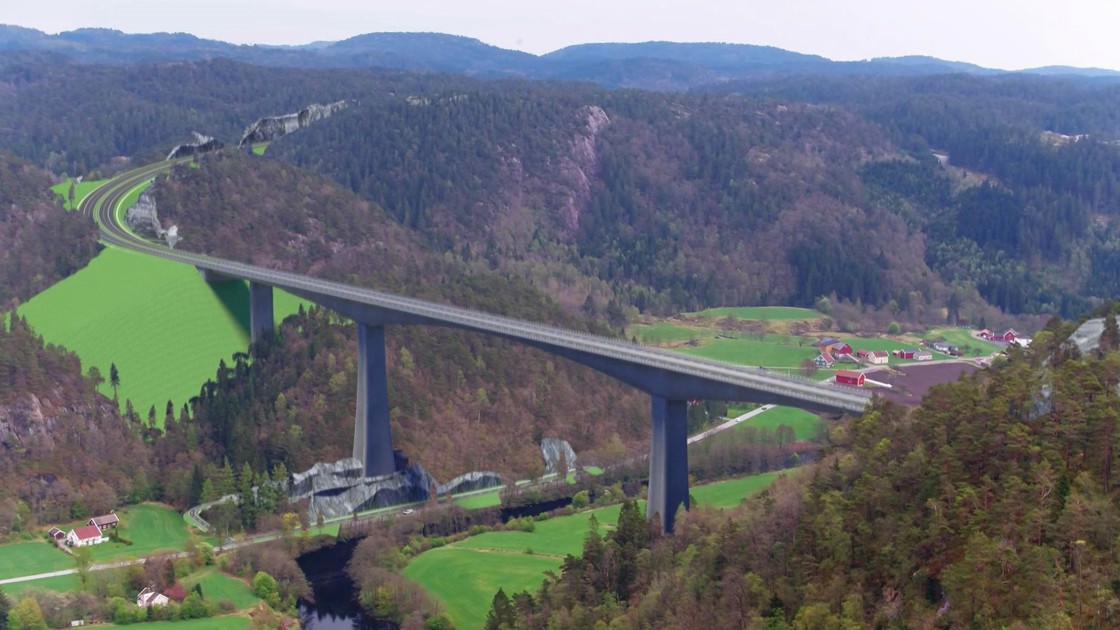 Illustrasjonen viser bru over elven Audna i Lindesnes kommune, og inngår i prosjektet E39 Blørstad-Lyngdal..