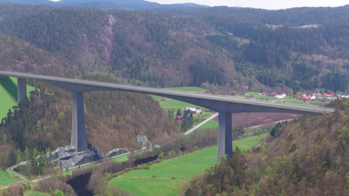 Illustrasjonen viser broen over Audnedalen, som blir Norges høyeste bru.