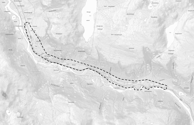 Kart som viser plangrensen for planprogram for ny E136 på strekningen Flatmark-Marstein