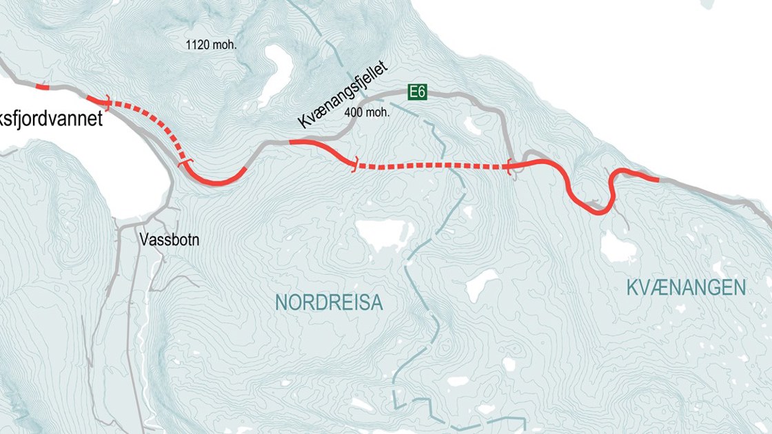 Kart som viser ny E6 over Kvænangsfjellet