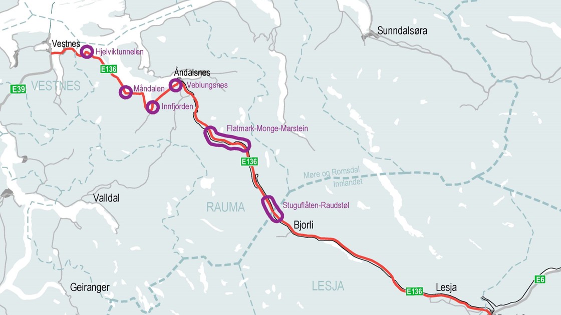 Strekningskart som viser flere av aktuelle tiltak / delstrekninger på strekningen E136 Dombås-Vestnes. Veblungsnes ligger i Ånddalsnes, mens Stuguflåten-Raudstøl er lokalisert nærmere Bjorli.