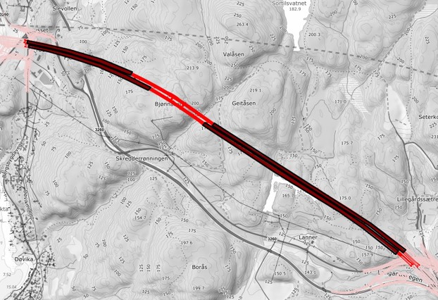 Bjønnåstunnelen: Fra Lanner er det drevet 1413 meter. Fra Herregårdsbekken er det drevet 687 meter. Drevet totalt 2100 av 2548 meter eller 82 prosent. Gjenstår 448 meter før gjennomslag, estimert til august 2024.