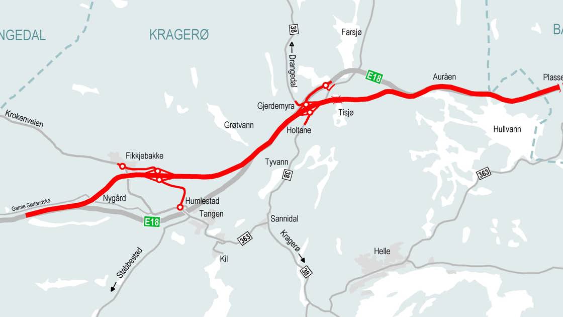 Kartillustrasjon viser reguleringsplanforslaget for ny E18 Kragerø - Bamble