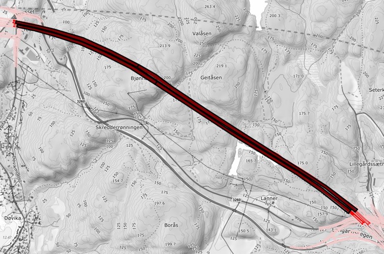 Bjønnåstunnelen fremdrift per 8. november 2024. Svart farge er ferdig drevet tunnel.