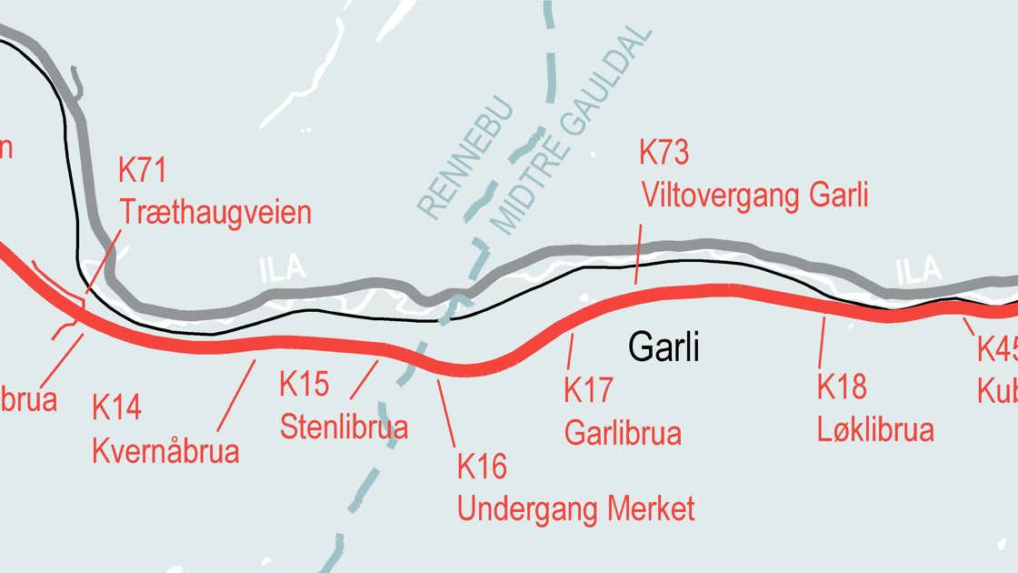 Kart E6 Berkåk-Vindåsliene inkl konstruksjoner